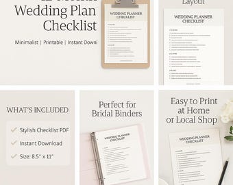 May include: A wedding plan checklist with the text "12-Month Wedding Plan Checklist" and "Wedding Planner Checklist". The checklist is on a clipboard and in a binder. The size is 8.5" x 11".
