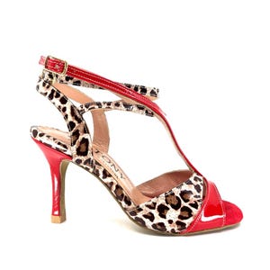 Geltony Savena Red Lackleder Leopard Print Argentine Tango Heels | Handgemachte Tanzschuhe | Hergestellt in der Türkei