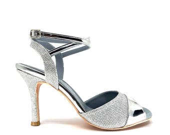 Geltony | Silver Glitter Tango Heels | Handmade Leather Dance Shoes