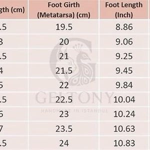 K&ouml;nnte beinhalten: Eine Schuhgr&ouml;&szlig;entabelle mit EU-Gr&ouml;&szlig;en von 34 bis 42, Fu&szlig;l&auml;nge in cm und Zoll, sowie Fu&szlig;umfang in cm und Zoll. Die Tabelle zeigt Ma&szlig;e wie 22,5 cm (8,86 Zoll) f&uuml;r Gr&ouml;&szlig;e 34 bis 27,5 cm (10,83 Zoll) f&uuml;r Gr&ouml;&szlig;e 42.