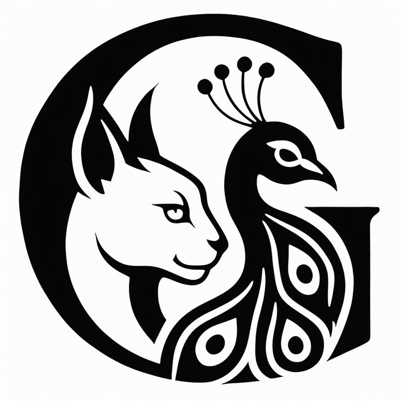 K&ouml;nnte beinhalten: Schwarz-wei&szlig;e Illustration mit einem stilisierten Pfau und einer Katze innerhalb des Buchstabens "G". Der Pfau hat detaillierte Federmuster, und die Katze hat spitze Ohren und einen l&auml;chelnden Ausdruck. Das Design ist k&uuml;hn und grafisch.