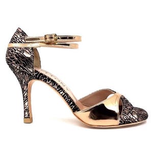 RESSANA | Geltony Handmade Argentina Tango Heels Rose Bronze | Black | Dance, Wedding, Latin | Evening Shoes | Soft, Stylish & Comfortable