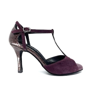 AMELISSA | Geltony Handmade Argentina Tango Heels Burgundy Suede Glitter Patent Leather T-Strap Shoes | Genuine Leather Dance  Wedding Heels