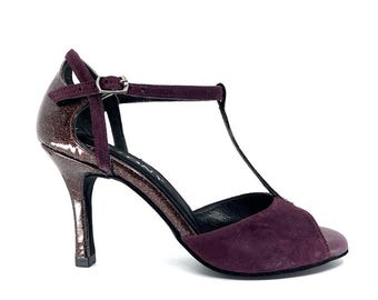 Geltony | Burgundy Suede Tango Heels | Glitter Patent Leather T-Strap Dance Shoes