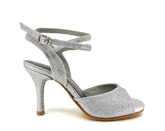 Geltony | Silber Glitzer Tango Heels | Handgemachte Riemchen Tanzschuhe, Orthopädische