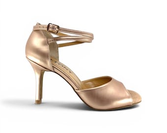 Champagner Leder Tango Tanzschuhe | Weiche echte Ledersandalen, elegante Hochzeits-Ferse