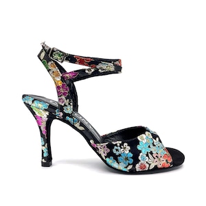 ALMEROA | Geltony Handmade Argentina Tango Heels Floral Brocade Shoes for Women | Wedding, Stage, Latin, Ballroom & Evening Dance Heels
