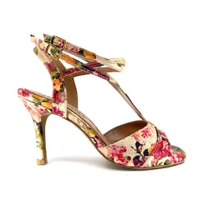 CAMELIA | Geltony Handmade Argentina Tango Heels Floral Brocade Strappy Shoes for Women | Genuine Leather Wedding, Stage, Party, Dance Heels