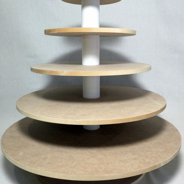 5 Tier Round Custom Made Larger Capacity Unfinished Cupcake Stand. Holds up to 156 (3" diameter) cupcakes.