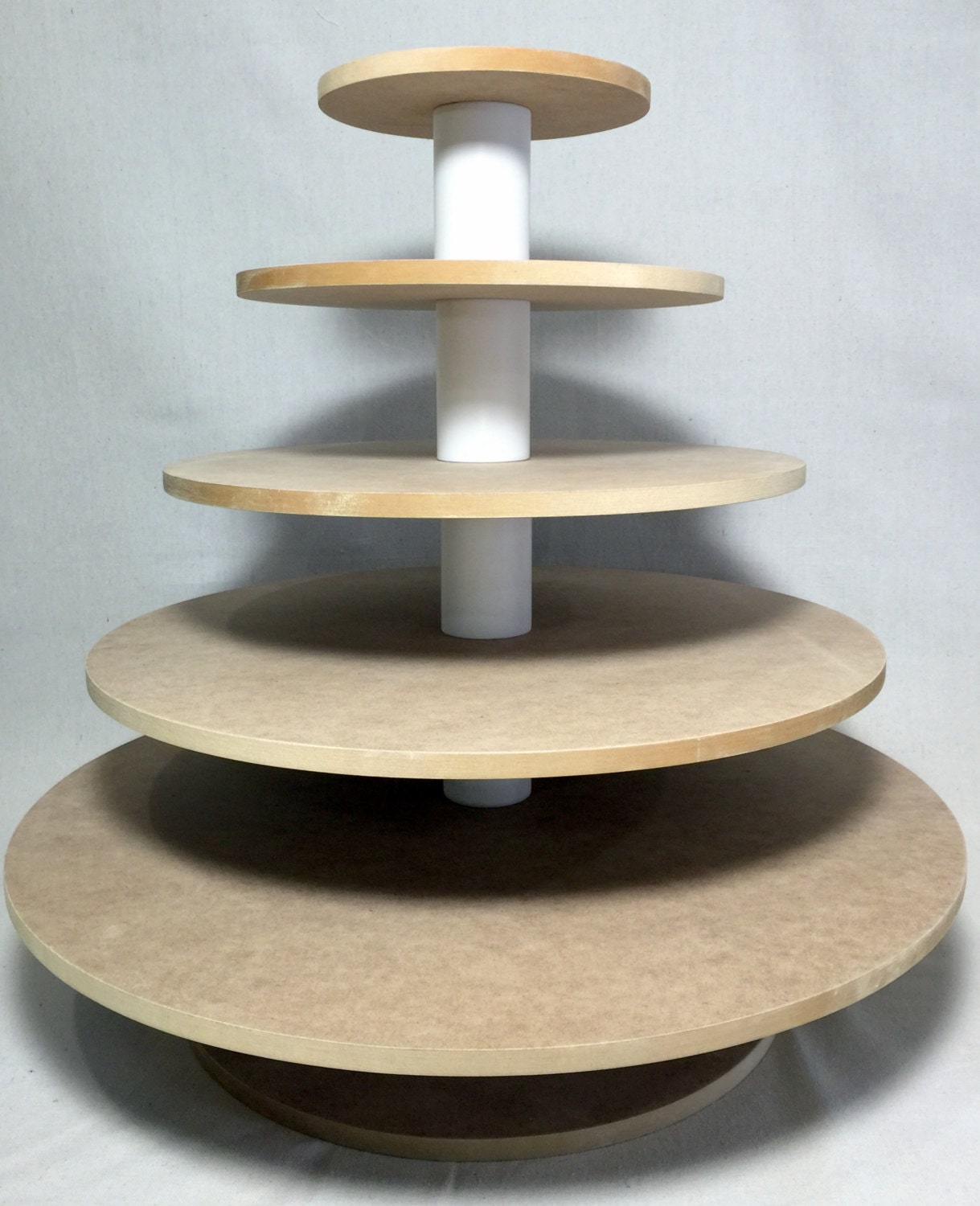 5 Tier Round Custom Made Larger Capacity Unfinished Cupcake Stand. Holds up to 156 (3" diameter) cupcakes.