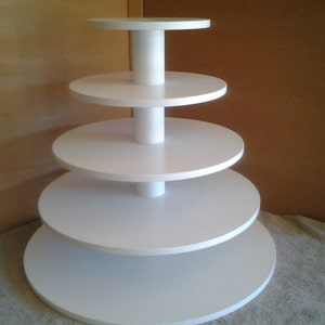 5 Tier Round Larger Capacity Custom Made Cupcake Stand With 1/2 Inch Thick Tiers and No Base.  Holds up to 131 Cupcakes.