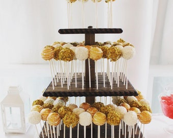 3 Tier  Square Custom Made Solid Wood Cake Pop Stand With Rope Molding. Holds 212 Cake Pops.