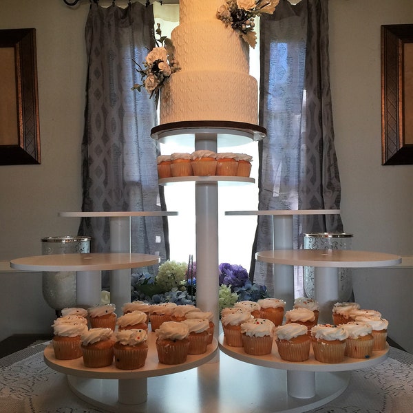 7 Tier Staggered Elevation Cupcake Stand with Center Post for Cutting Cake.