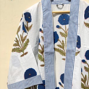 Block Print Boho Floral Cotton Kimono Robe: Lightweight Beach Cover Up, Summer Gown