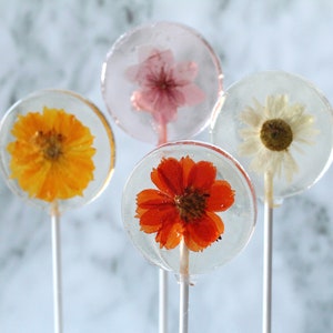 Round Pressed Flower Lollipop Favors: Edible Roses, Daisies, Cosmos - Set of 8