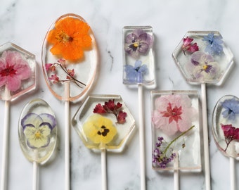 Assorted Shaped  Mixed Pressed Flower Lollipops - Spring Flower Bridal Party Favors - Unique Floral Candy Treats For Special Event Gifting