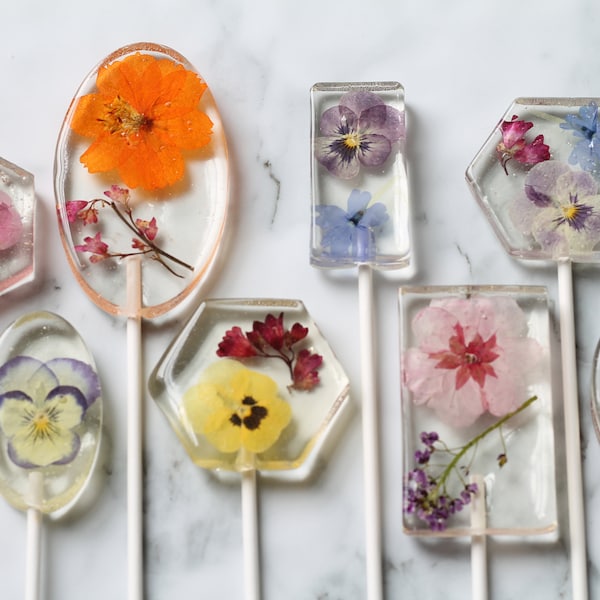 Assorted Shaped  Mixed Pressed Flower Lollipops - Spring Flower Bridal Party Favors - Unique Floral Candy Treats For Special Event Gifting
