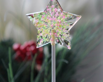 Pink Green Sparkle Sugar Star Lollipops -  Christmas Star Candy Gift - Holiday Treats -New Years Eve Lollipops - Stocking Stuffer -  8 PCS