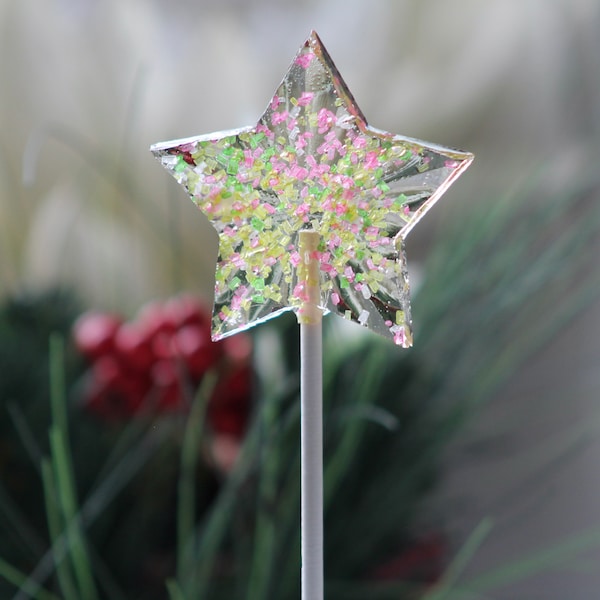 Pink Green Sparkle Sugar Star Lollipops -  Christmas Star Candy Gift - Holiday Treats -New Years Eve Lollipops - Stocking Stuffer -  8 PCS
