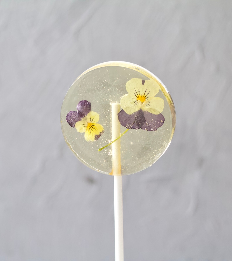 Viola Pansy Flower Lollipops Bridal Party Favors Edible Flower Lollipop Gourmet Gift Flower Theme Event Botanical Candy 8 PCS image 3