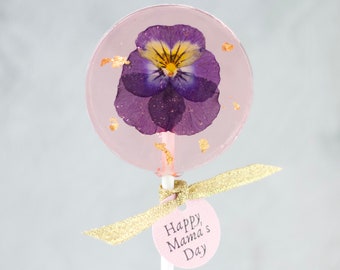 24K Gold Leaf Viola Flower Lollipops - Spring Wedding - Flower Theme Event - Bridal Party Favors - Flower Girl Proposal -  8 PCS
