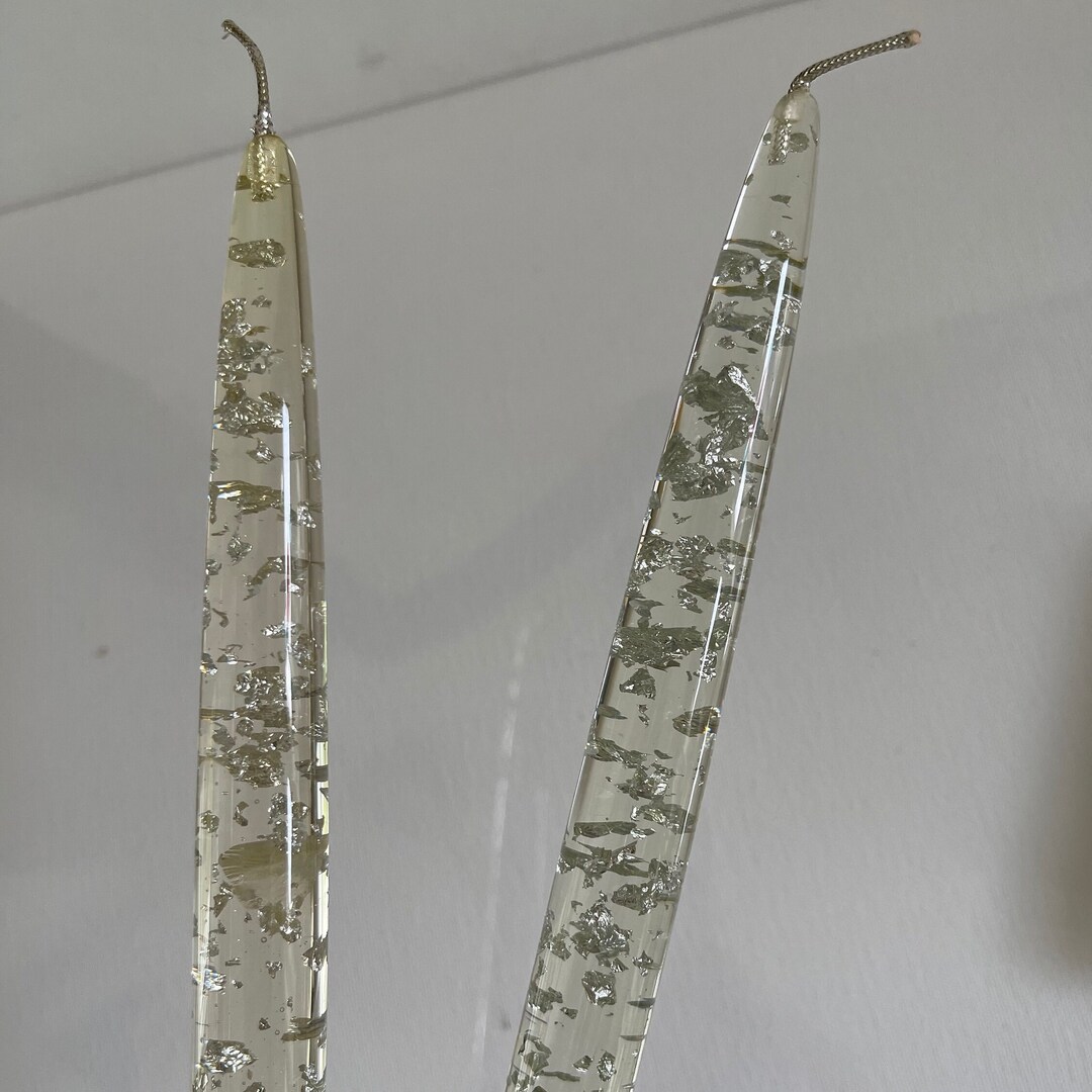 MCM Silver Foil Lucite Candles, Pair of Lucite Candles, Decorative