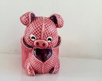 Vintage Lefton Ceramic Pink Gingham Pig Planter, Nursery Decor