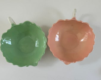 2 Oyster & Pearl Vintage Fire King-Anchor Hocking Vitrock Nappy Bowls, Nut Dish, Pink and Green