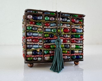 Vintage Beautiful Strung Glass Beads & Metal Jewelry Box