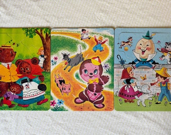 3 Vintage 1960s Artcraft Children’s Tray Puzzles, Little Gingerbread Boy, Humpty Dumpty, Goldilocks & 3 Bears