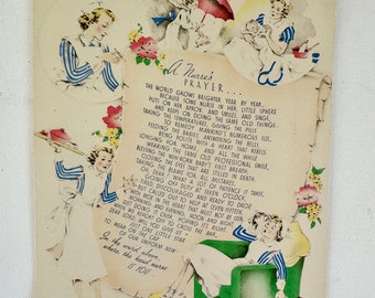Vintage “A Nurse’s Prayer” 1930’s Lithograph, Unframed, Hospital Standard Publishing, Nursing Gift