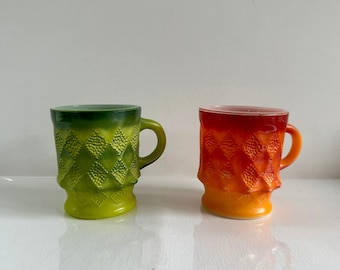 Vintage Anchor Hocking, Fire King , Kimberly Diamond Pattern Coffee Mugs, Green & Orange