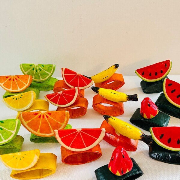 Vintage Mexican Paper-Mache Fruit Napkin Rings, Oranges, Lemons, Limes, Grapefruit, Watermelon, Strawberries & Bananas