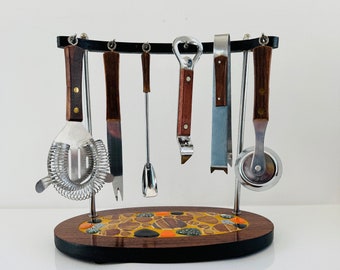 Vintage Midcentury Modern Rosewood & Stainless Steel Complete Bar Tool Set, Mosaic Inlay Stand, MCM Danish Barware