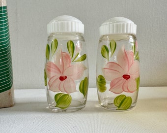 Vintage Bartlett Collins Salt &  Pepper Shakers Clear Glass with Pink Flowers