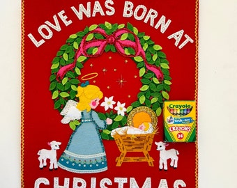 Vintage 1980's BUCILLA Love Was Born At Christmas, Wall Hanging, Felt Holiday Decor, Completed, Kit 3592