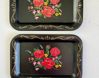 Vintage Metal Small Black Tole Trays, Tip Tray, Trinket Tray, Floral Pattern