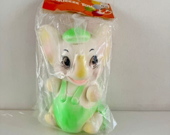 Vintage 1980's SANITOY INC Baby Elephant Squeeze Toy, Green Outfit, New Old Stock