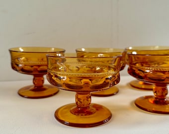 5 Indiana Glass King’s Crown Thumbprint Footed Sherbet Dishes, Ice Cream, Fruit Bowls, Amber Glass