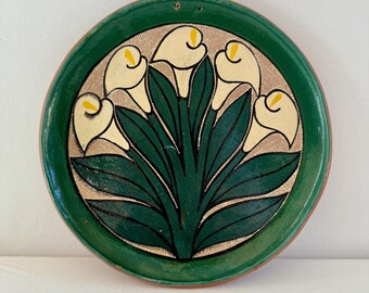 Vintage Mexican Folk Art Hand Painted Plate with Calla Lily, Mexican Folk Art, Wall Hanging