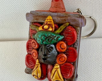 Vintage Souvenir of Guatemalan, Art Match Box, Folk Art, Key Ring