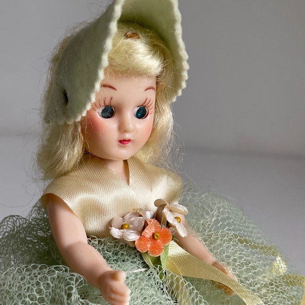 Vintage Bridesmaid Doll with Netting Dress, Felt Hat, Millinery Flowers & Sleepy Eyes, 1940’s