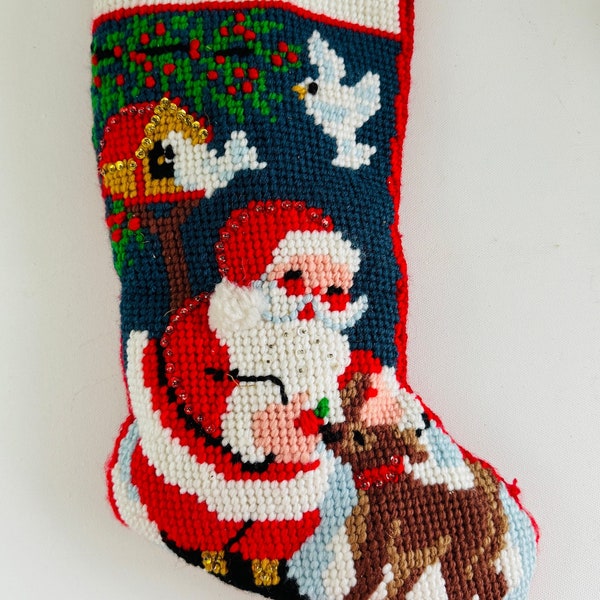 Handmade Vintage Needlepoint Christmas Santa Stocking, Bucilla (?) Sequins, Completed