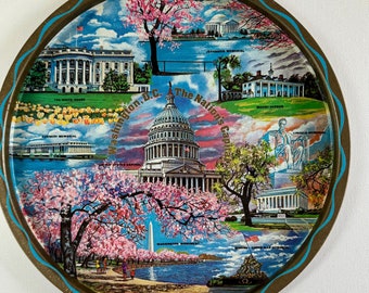 Vintage Washington DC Round Souvenir Tray, MCM Metal Tray, Monuments