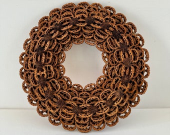 American Folk Art Black Walnut Sliced Shell Wreath, Primitive, Sliced Nut Shells, Handsome Rust Brown, Tramp Art