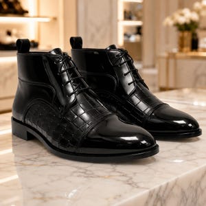 May include: A pair of black ankle boots with a high-gloss finish. The boots feature a lace-up front, a smooth rounded toe cap, and a textured crocodile-embossed pattern on the side panels. Each boot includes a small pull tab at the heel.