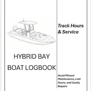 May include: A white logbook with a line drawing of a hybrid bay boat. The text reads "HYBRID BAY BOAT LOGBOOK" and "Track Hours & Service." Additional text advises to avoid missed maintenance and costly repairs.