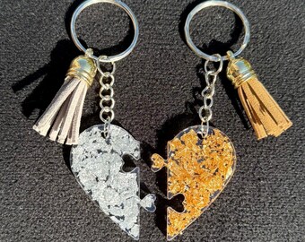 Schlüsselanhänger für Paare – Puzzle-Herz aus Blattgold und Blattsilber – Passende Schlüsselanhänger mit Quasten, Geschenk für Paare, Valentinstag …