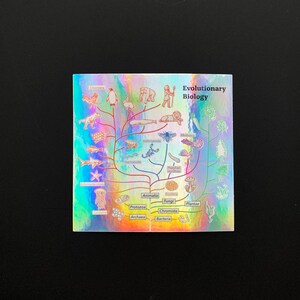 May include: A holographic square sticker with an evolutionary biology diagram. The diagram features a tree-like structure with various animal and plant illustrations, and the text "Evolutionary Biology". The sticker has a rainbow sheen.