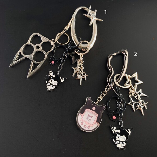GOTHIC KUROMI Inspired KEYCHAIN | Carabiner | Sanrio | Tamagotchi | Punk | Stars Kawaii | Accessories | trinkets | goth | chrome black | cat